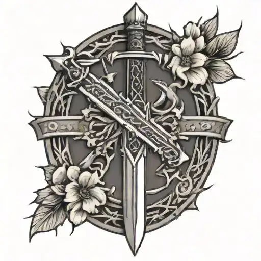 Sword With Crown Of Thorns Around The Guard With Cherry Blossoms Behind It