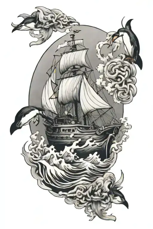 Celtic Style Iceberg Landscape With A Shipwreck And Penguins With Shamrock