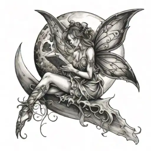 Fairy Sitting On Moon Reading A Book