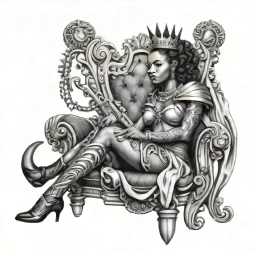 A Black And Grey Tattoo Of A Majestic Black Queen Sitting On A Throne Made Of Guns
