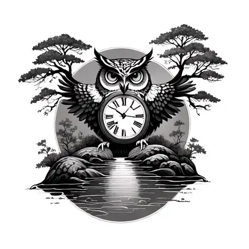Owl Trees And Stream Flowing And Clock Surrounding