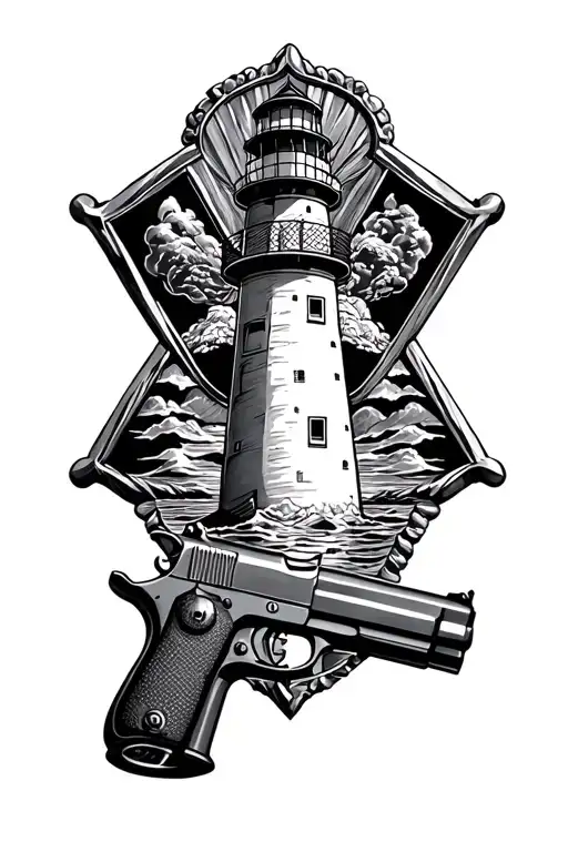 Gun And Lighthouse And Police Badge