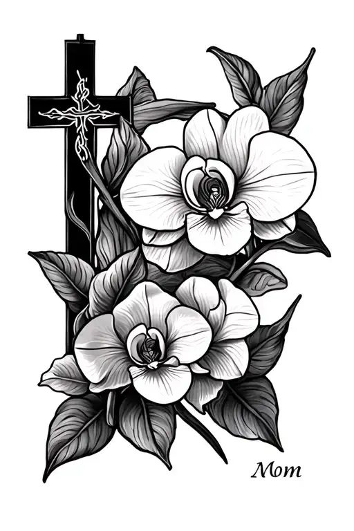 Memorial Tattoo For Mom With Cross And Orchid