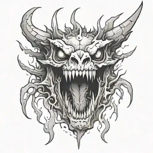 A Front Facing Dragon Skull Blood Dripping From Its Teeth