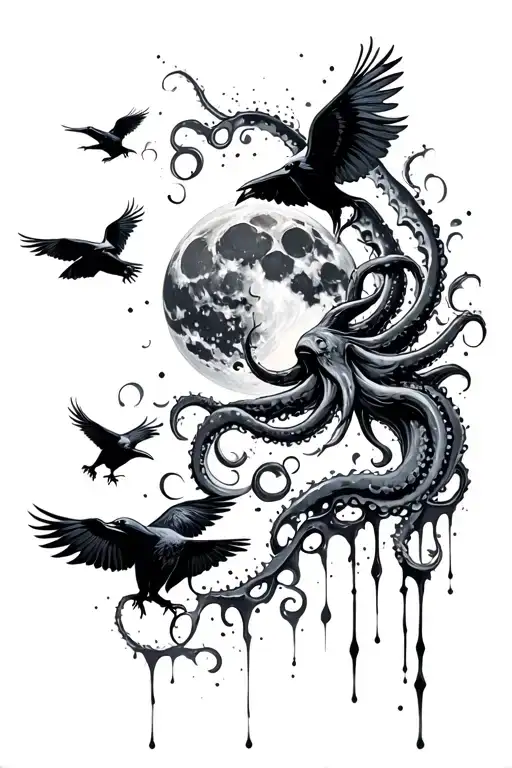 Moon On Shoulder With Tentacles Coming Out Of It That Are Chasing Ravens Into Ink Splashes