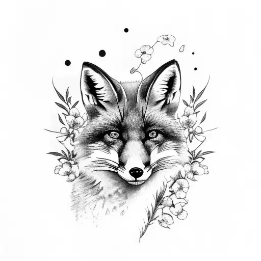 Fox With Violets And Cosmos