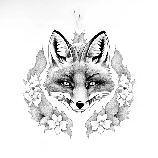 Fox With Cosmos And Violets