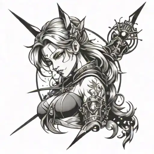 A Black-grey Tattoo Of A Powerful Anime Warrior Woman With Starry Eyes And Intricate Shading Details