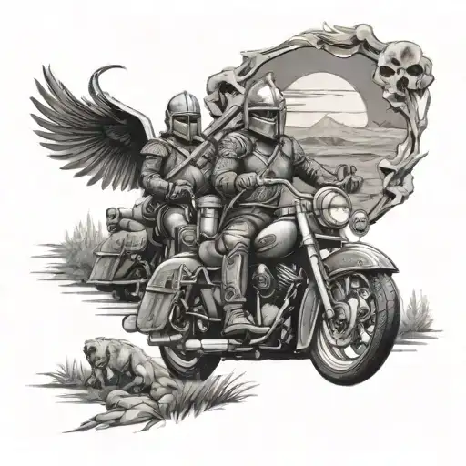 A Group Of Medieval Knights Riding Harley Davidson Motorcycles Through A Beautiful Landscape