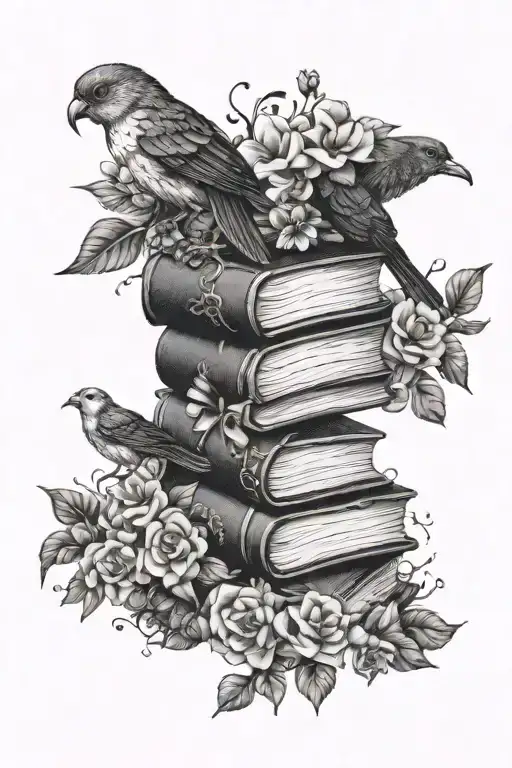 Spooky Books Surrounded By Flowers With Birds
