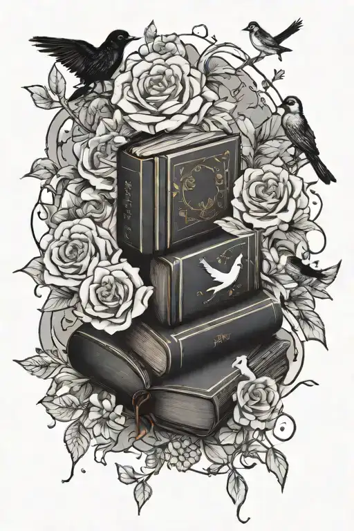 Spooky Books Surrounded By Flowers With Birds Sitting