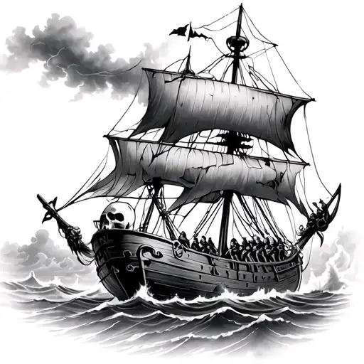 Ship In The Fog With A Skull Carved Into The Bow And Skeleton Crew Breaking Free Of Anchor