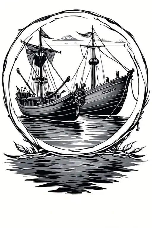 Two Boats In Circle With Ancor And Wheel With Sea Life