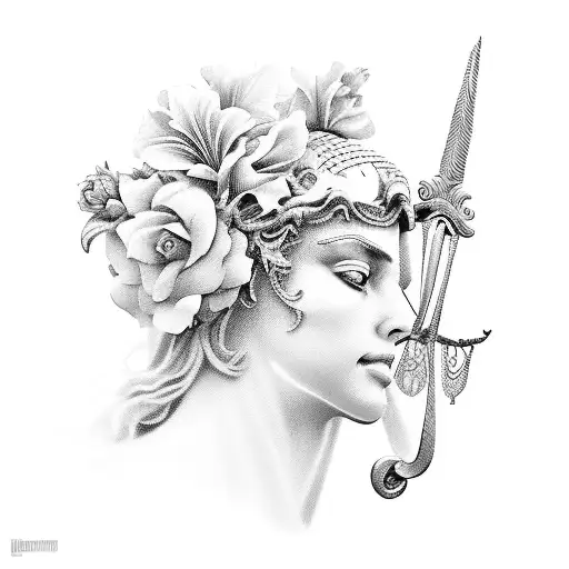 Lady Justice With Sword And Iris Flowrs