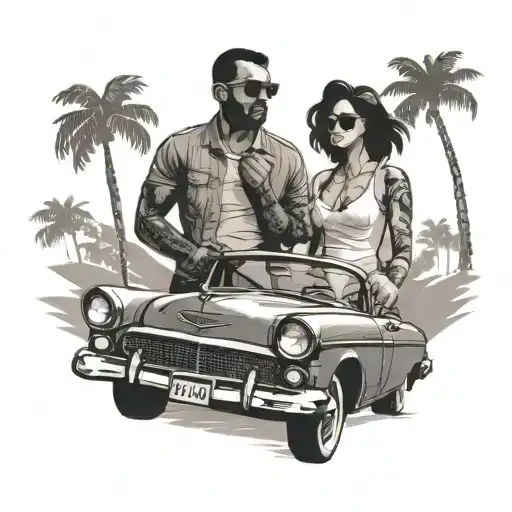 Girl And Guy With Ski Masks In A Car In A Cuban Like Road With Palm Trees