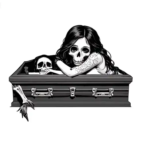 Living Girl Hugs The Skeleton In The Coffin