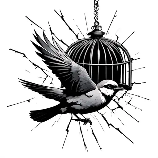 Bird Flying Out From Broken Cage Into Dark Sky