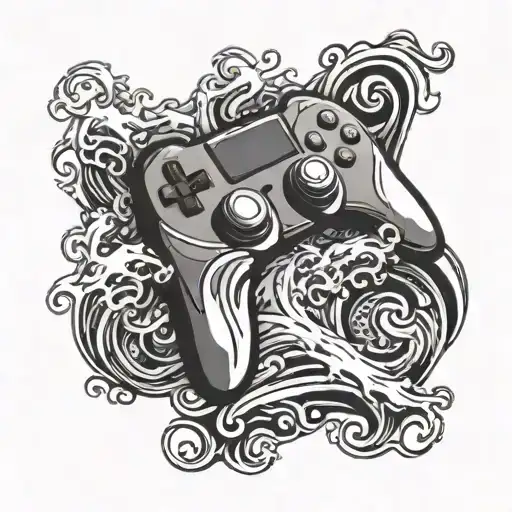 A Video Game Controller Morphing Into A Religious Symbol Surrounded By Ocean Waves