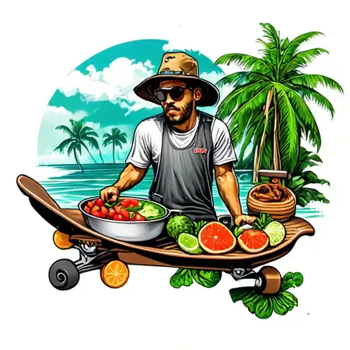 Realism Style Tattoo Featuring Skateboarding And Cooking And Florida And Green Mythology