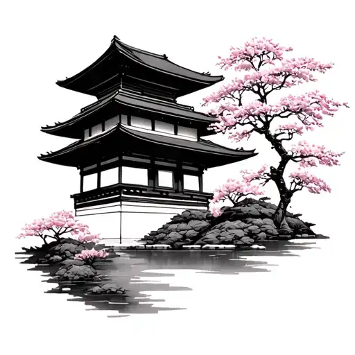 Japanese Temple With Sakura Tree