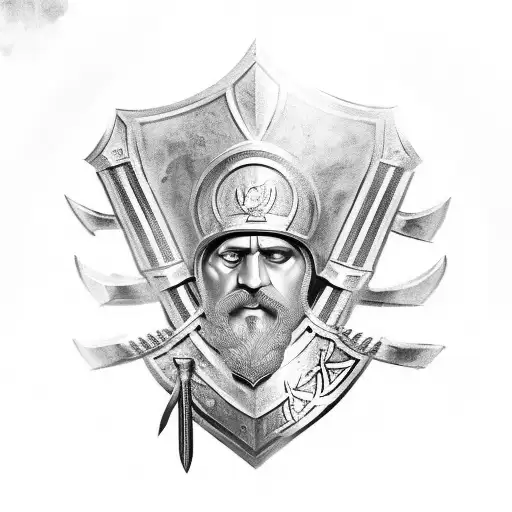 King Leonidas Mixed With Sword And Shield In A Flamed Battlefield And The Greek Flag As Background