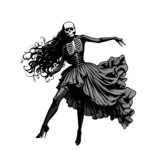 Woman In Gothic Gown Dancing With A Skeleton