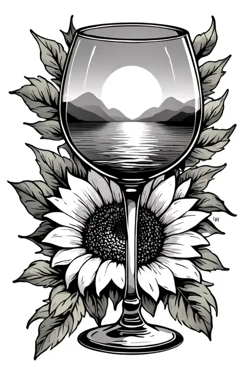 Stylized Tattoo Of A Wine Goblet With Sunset And Sunflower Inside