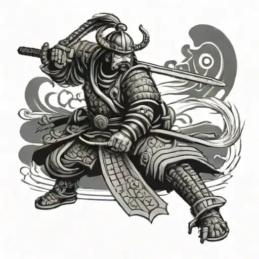 A Traditional Japanese Samurai Warrior Battling A Giant Video Game Boss