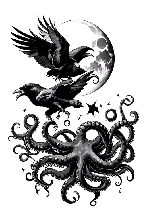 Moon On Shoulder With Tentacles Chasing Ravens Into Ink
