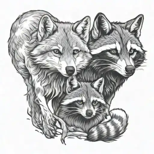 A Wolf And Raccoon Standing Side By Side