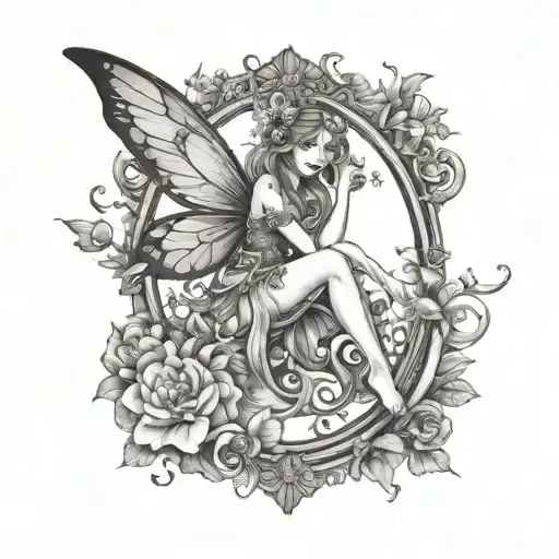 A Whimsical Fairy Sitting On A Blooming Floral Mirror
