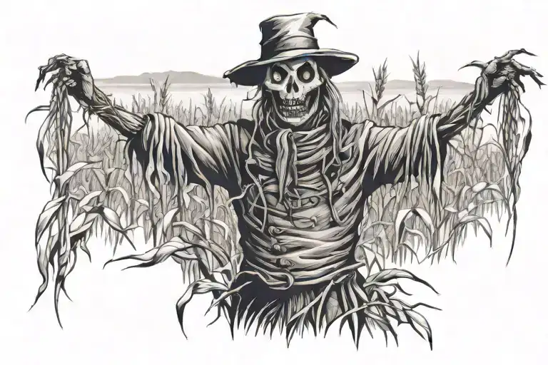 Creepy Scarecrow In A Field Of Withered Corn Feilds In Background