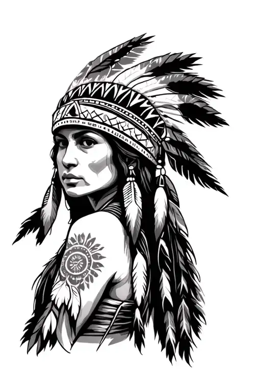 Native American Woman With Headdress Being Worn Front Facing