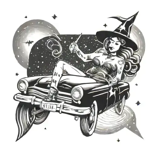 A Sexy Pin-up Style Witch Riding A Low Rider Car Through A Starry Night Sky