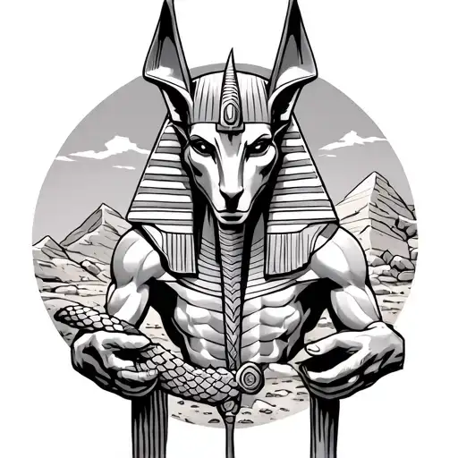 Anubis On The Background Of A Sandstone Holds The Scales