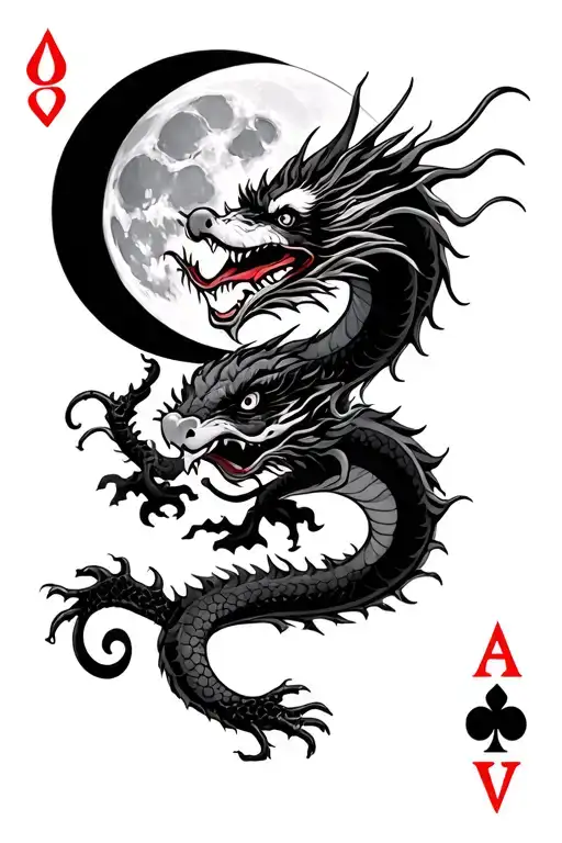 Chinese Dragon In The Full Moon And A Joker Card