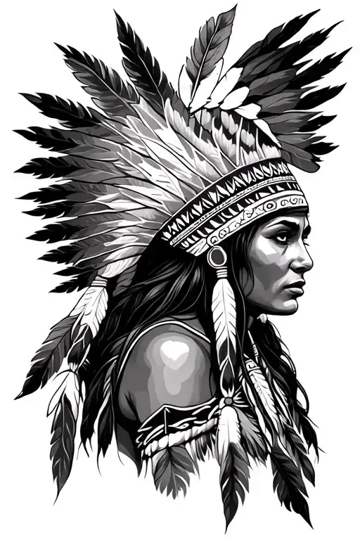 Native American Woman With Headdress Being Worn