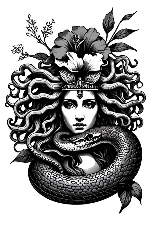 Medusa And Hibiscus Outline With Black Mexican King Snake