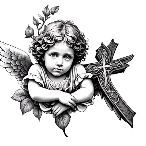 Child Angel Rose Intertwined With A Cross