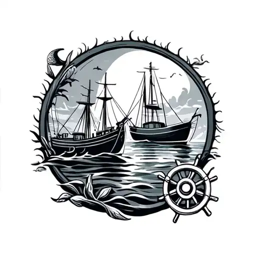 Two Boats In Circle With Ancor And Wheel With Sea Life