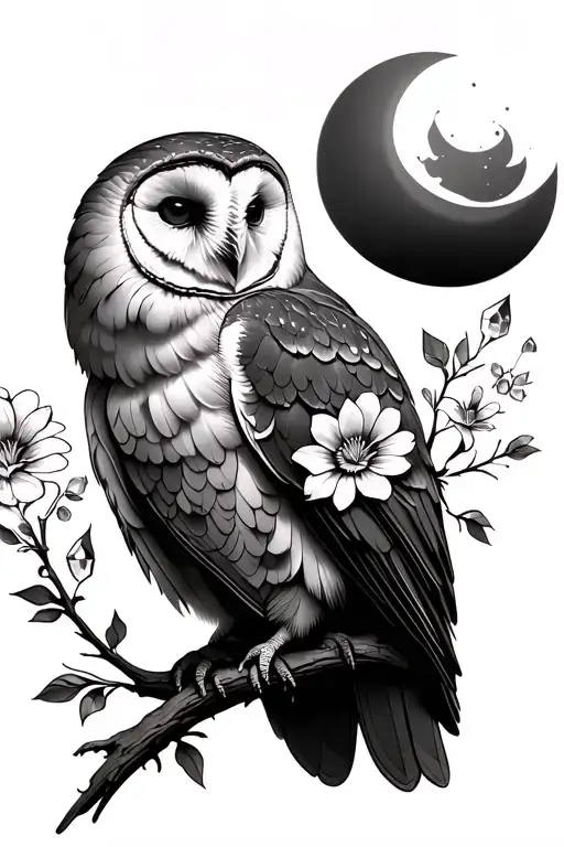 Barn Owl With Flowers And Crystals And Moon