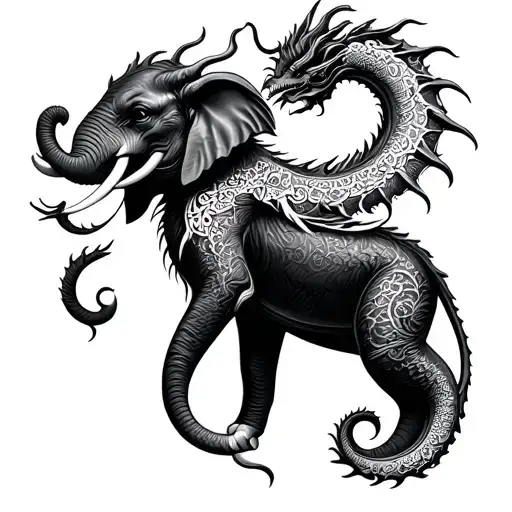 Elephant And Dragon Spinal Tattoo Design