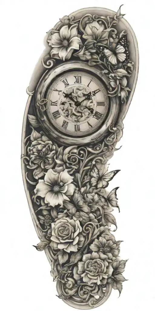 Flowers And Butterflies Surrounding A Clock Embedded