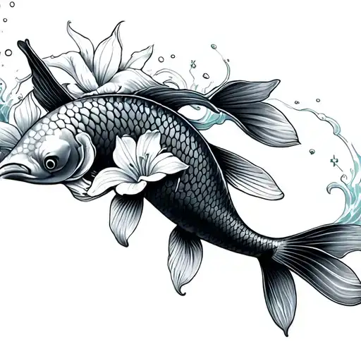 Koi Fish In Water Similar To The Great Wave With Star Lilies