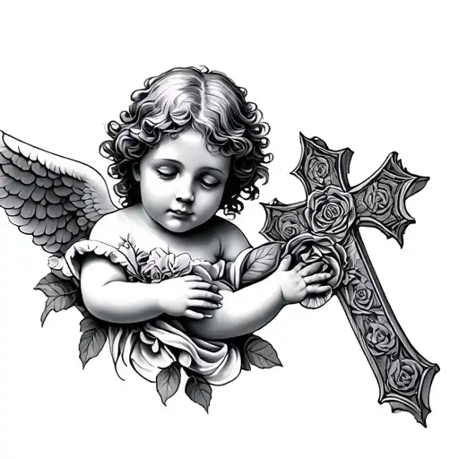 Child Angel Rose Intertwined With A Cross