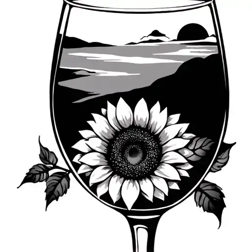 Stylized Tattoo Of A Wine Goblet With Sunset And Sunflower Inside