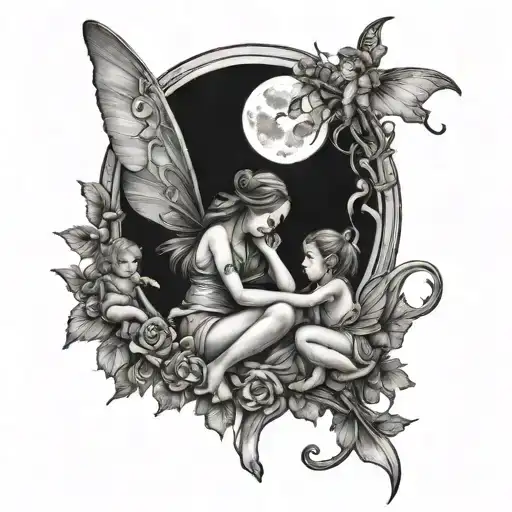 Fairy With 3 Kids In A Moon
