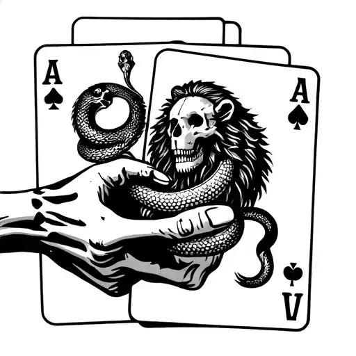 Skeleton Hand Holding Aces Of Cards With Snake And Lion