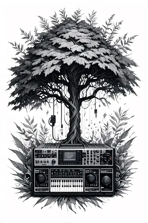 Sleeve Of Tree Nature And Plants Mixed With Audio Cables Synthesizers And Dj Mixers