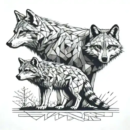 A Wolf And Raccoon Standing Side By Side In A Stylized Geometric Design